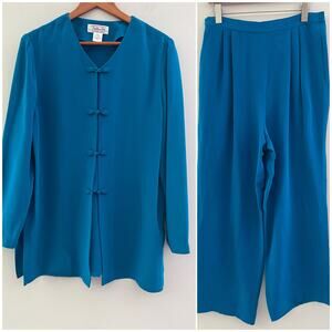 Talbots Adrianna Papell 100% Silk Cocktail Casual Pant Suit Royal Blue Sz 12 SG